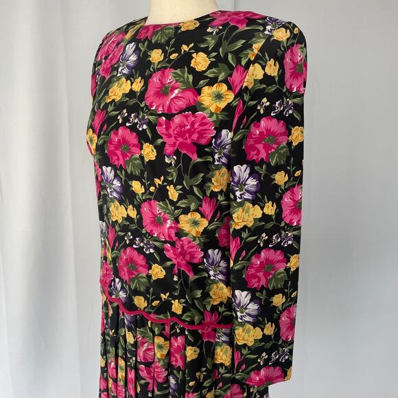 Vintage Midi Dress 6 Black Pink Floral Pleated Drop Waist Romantic Cottage 90s - Picture 6 of 16